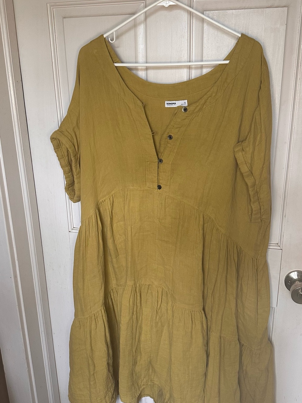 100% Cotton Flowy Coquette SONOMA Washed Tiered Cotton Tunic Dress in Mustard